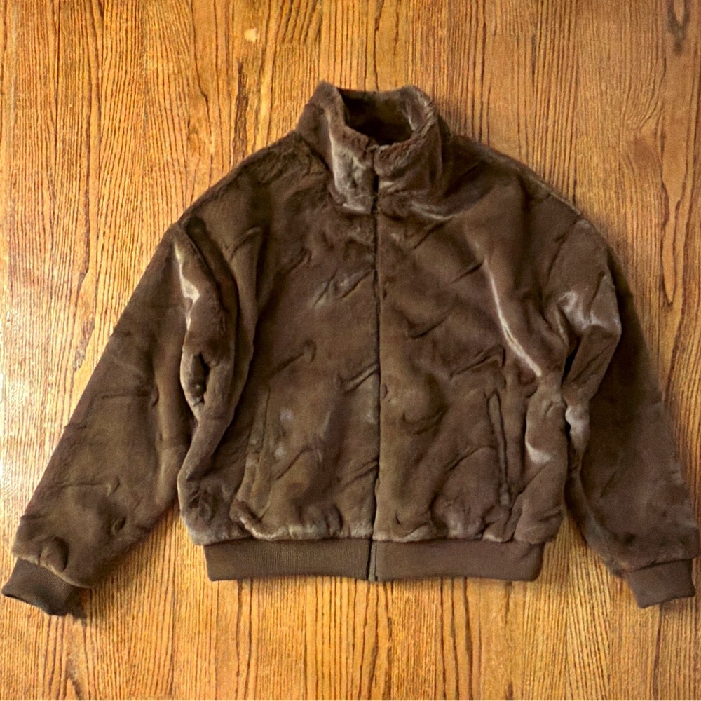 Nike Girl's Brown Faux Fur Full Zip Bomber Jacket Regular Size XL